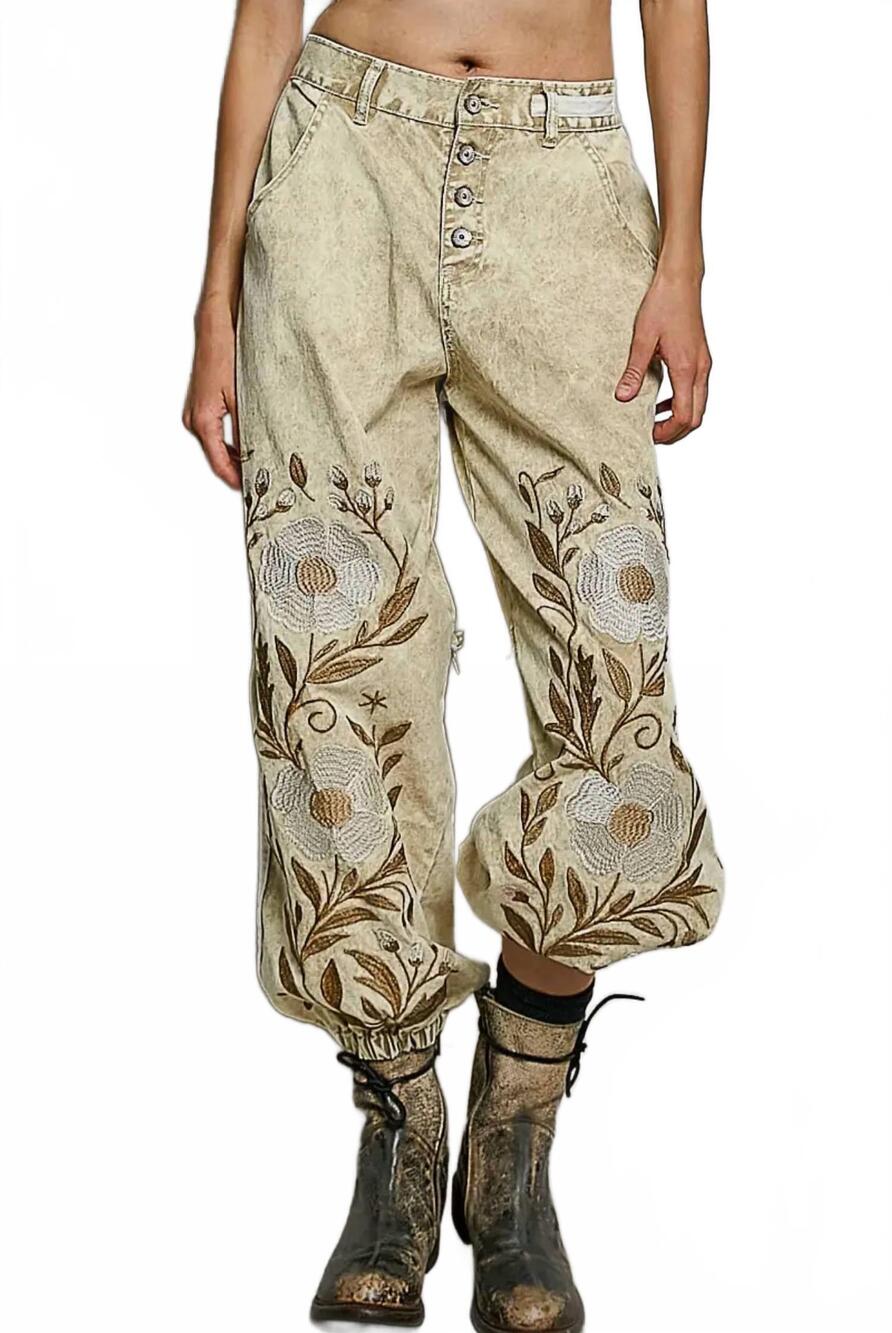 NEW POL women's embroidered button fly mid rise pants in sand